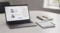 Laptop mit Firmenprofil im Webverzeichnis neben Handelsregister-Unterlagen auf einem Schreibtisch
