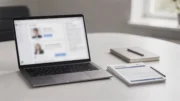 Laptop mit Firmenprofil im Webverzeichnis neben Handelsregister-Unterlagen auf einem Schreibtisch