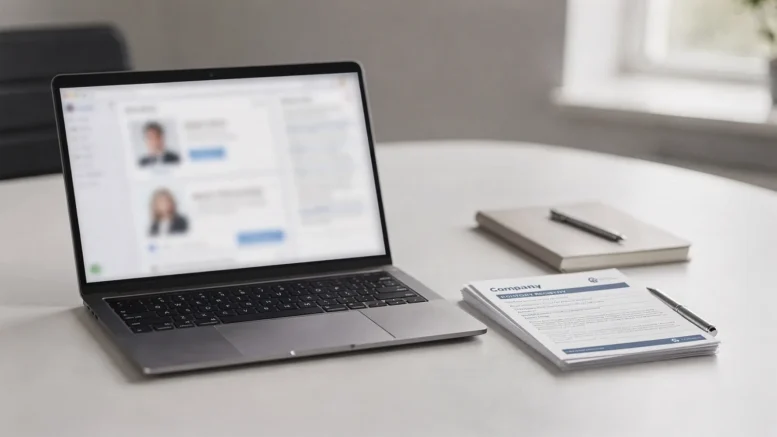 Laptop mit Firmenprofil im Webverzeichnis neben Handelsregister-Unterlagen auf einem Schreibtisch
